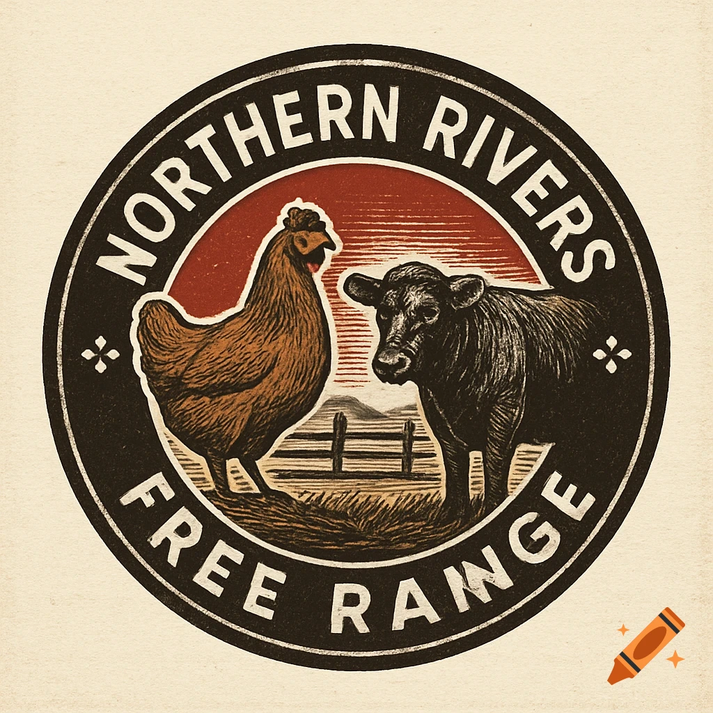 Circular vintage-style logo with a chicken, cow, and the words "Northern Rivers Free Range".