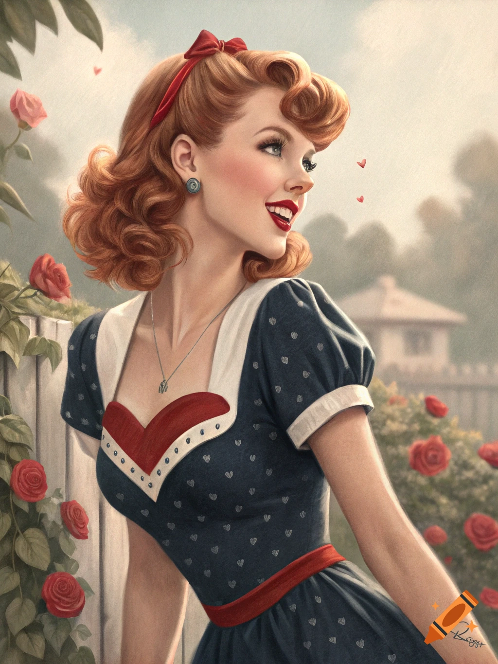 Pin-up style portrait of a smiling woman in a garden with roses.