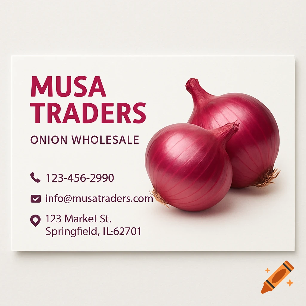 Business card for Musa Traders Onion Wholesale featuring red onions and contact details.