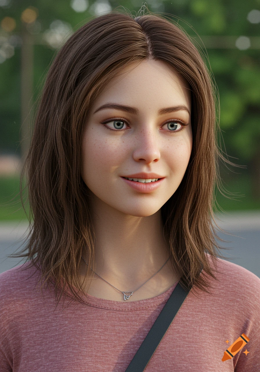 Realistic portrait of a young woman with freckles and blue eyes outdoors