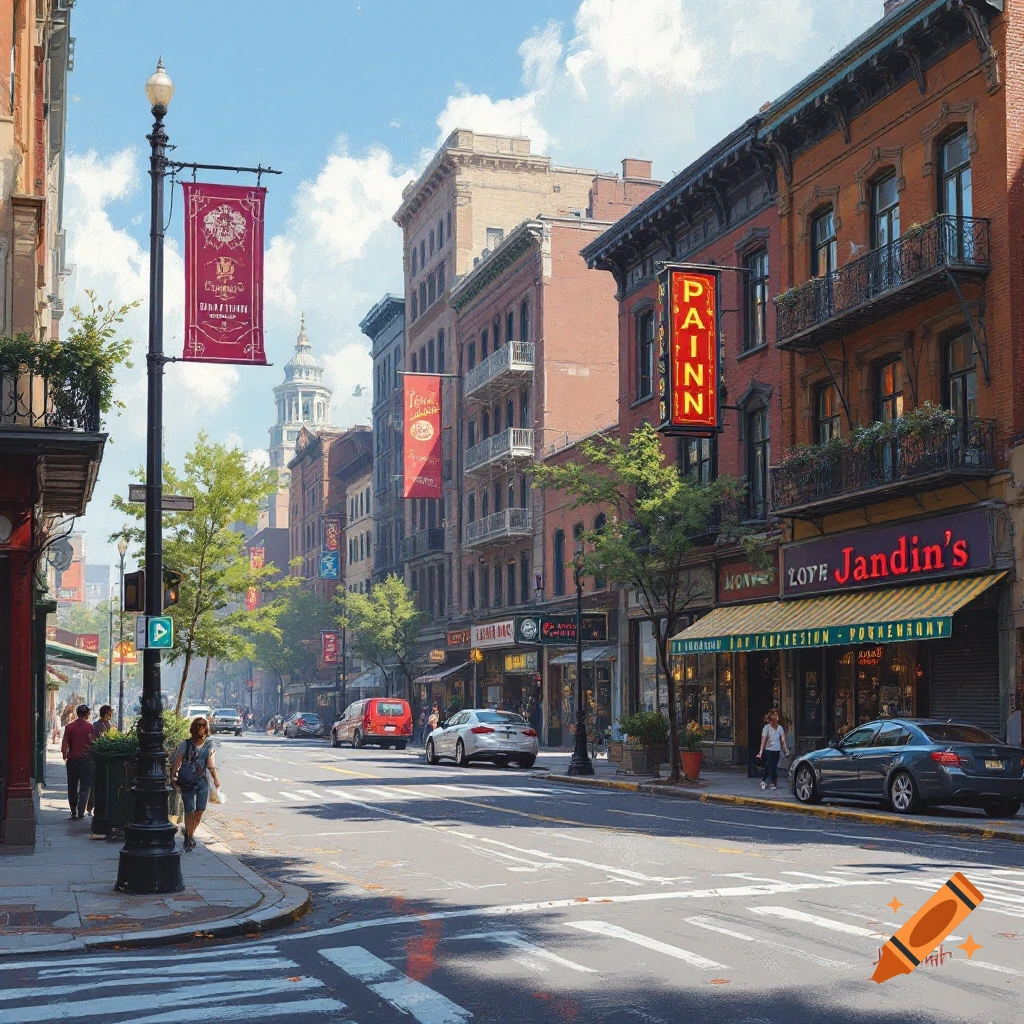 A bustling city street with tall buildings, shops, cars, and pedestrians under a blue sky.
