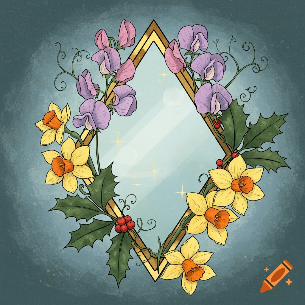 A diamond frame surrounded by sweet peas, narcissus flowers, holly, and berries.