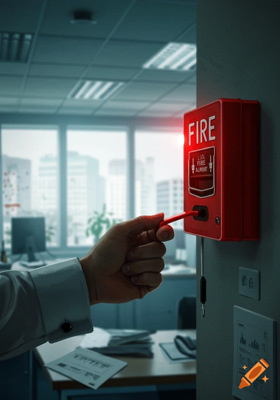 A hand is shown pulling a red fire alarm on a wall in an office.