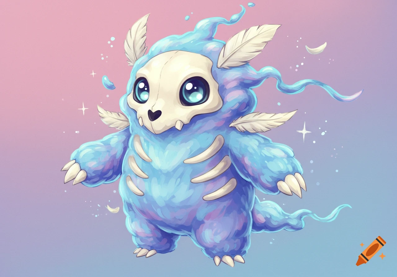 A cute blue monster with a skull face, ribs, and feathers