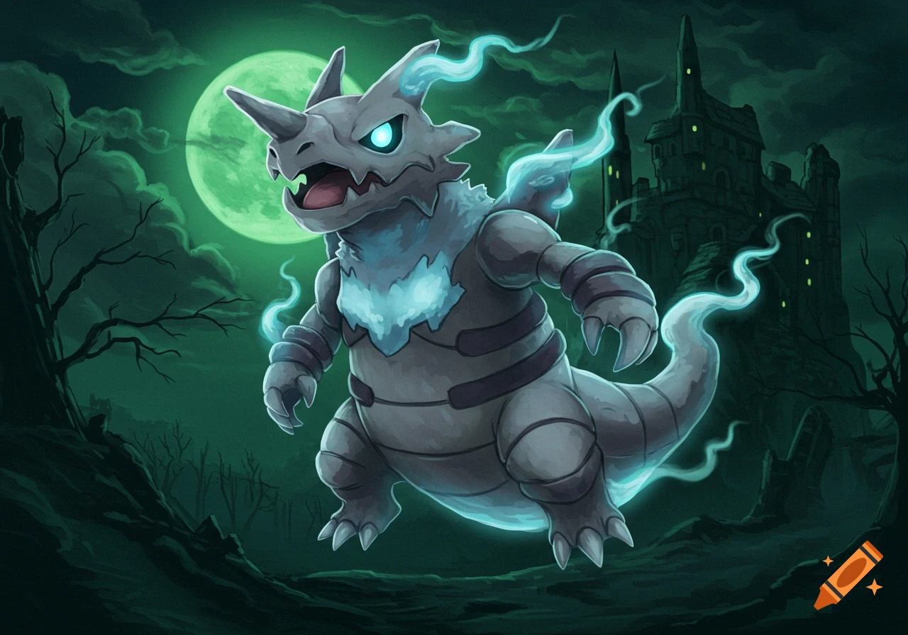 A ghostly Druddigon-like creature floats in front of a dark castle and green moon.