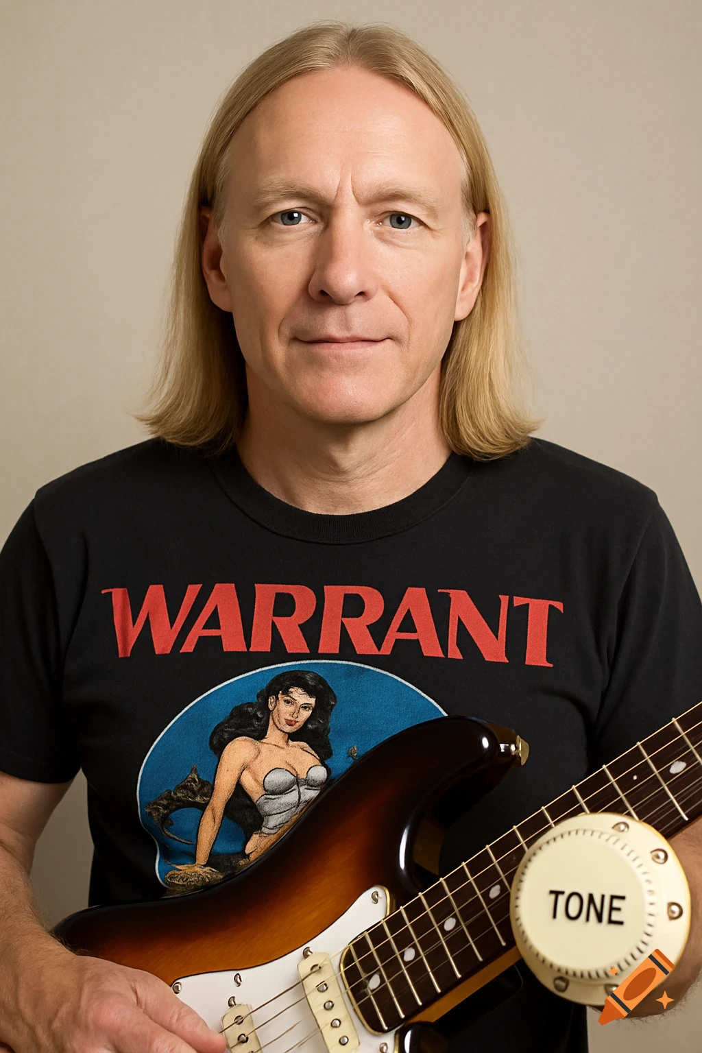 Portrait of a man with long blonde hair holding a guitar and wearing a black band t-shirt with 'Warrant' written on it.