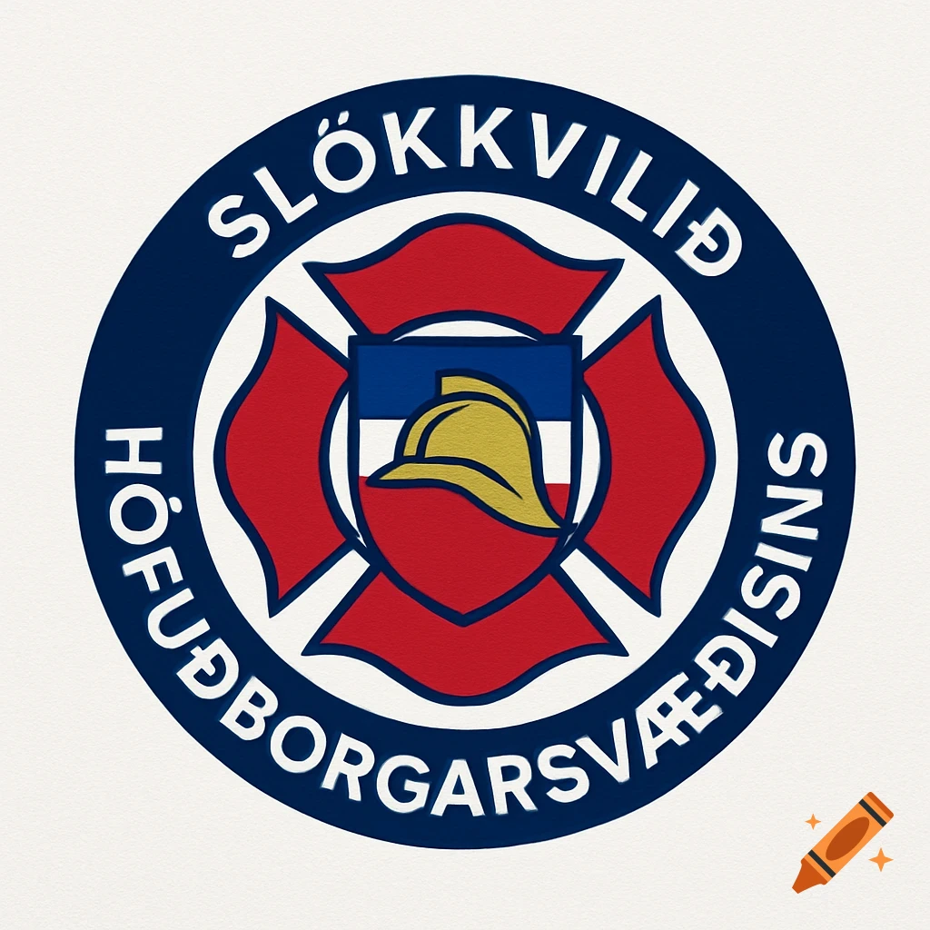 Logo for Slökkvilið Höfuðborgarsvæðisins with a blue and white circle containing red Maltese cross and a gold helmet in the center.
