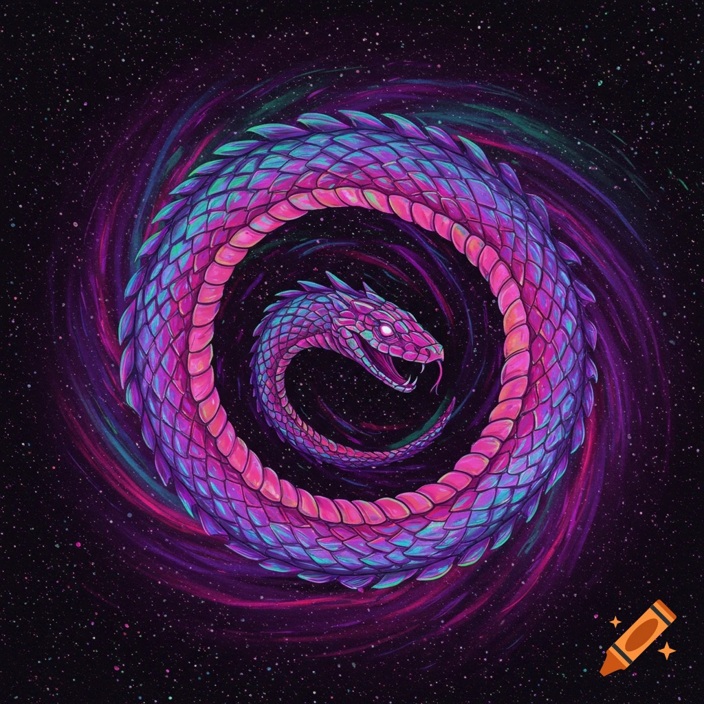 A glowing, vibrant purple and pink ouroboros snake coils in a star-filled galaxy.