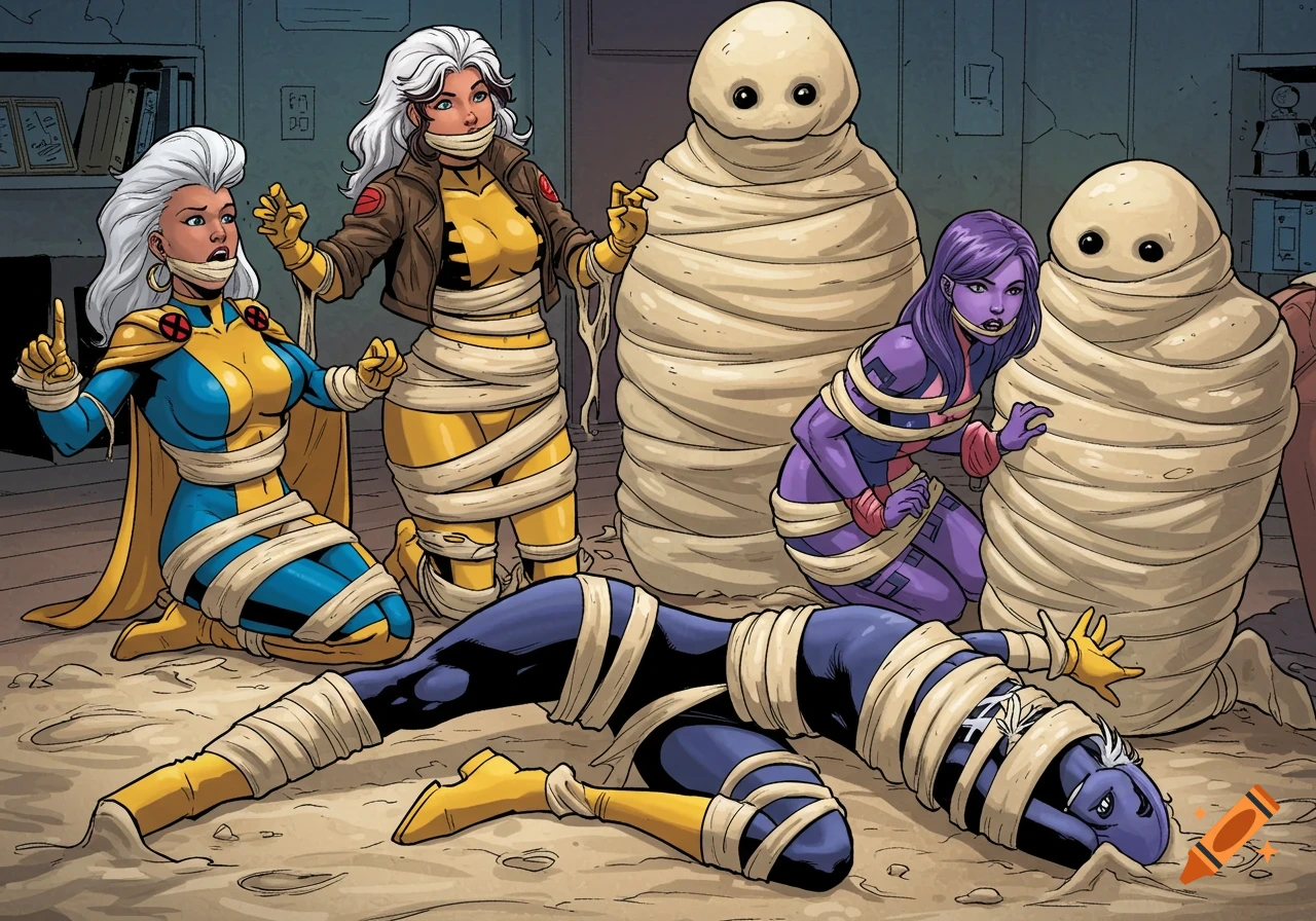 Several X-Men characters, Storm, Rogue, Psylocke, and Dazzler, are tied up and gagged in a room with two large mummy-like creatures, illustration.