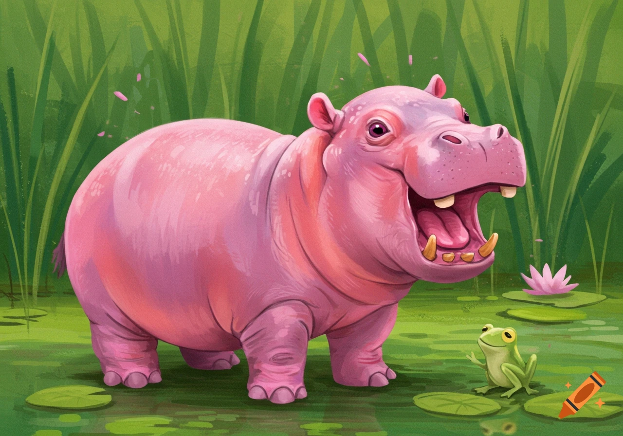 A pink cartoon hippo with an open mouth looks at a small frog in a pond with lily pads and tall grass.