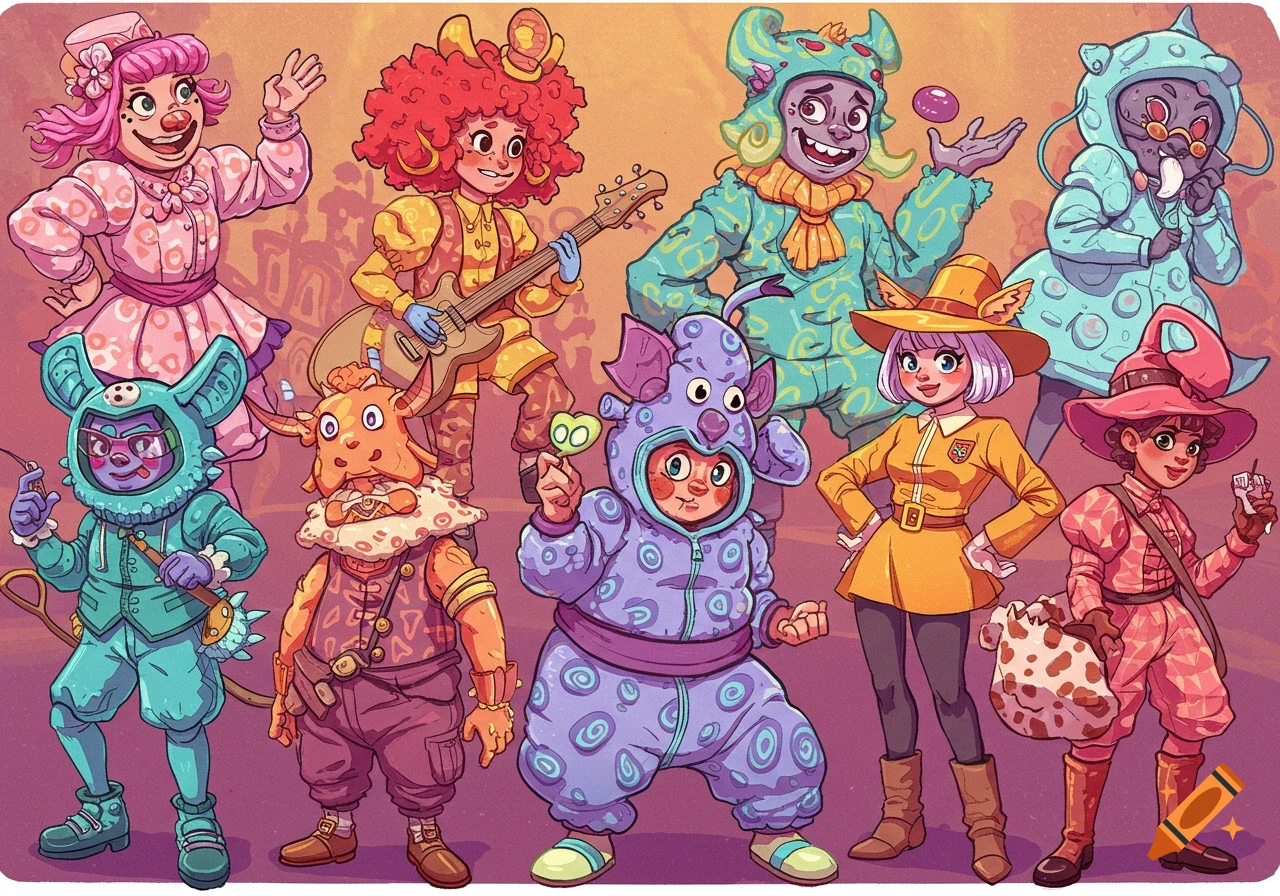 A group of stylized characters in colourful, funky monster costumes.
