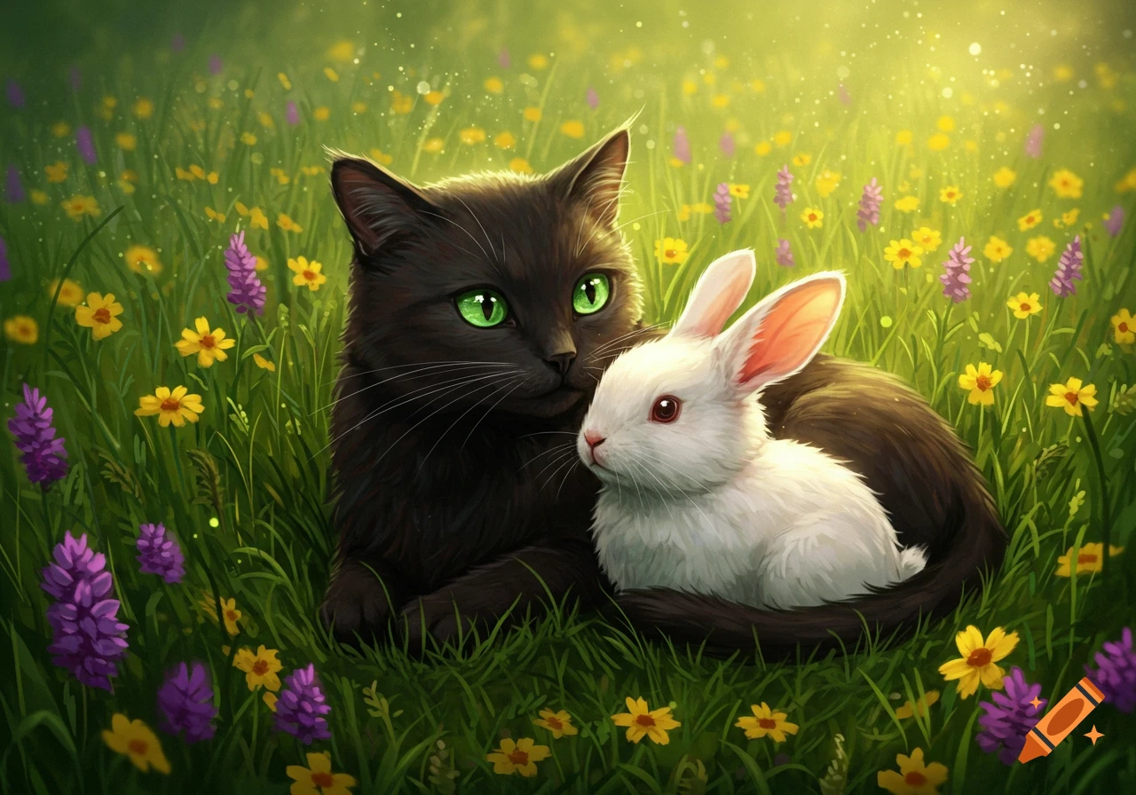 A black cat and white rabbit lie in a field of flowers.