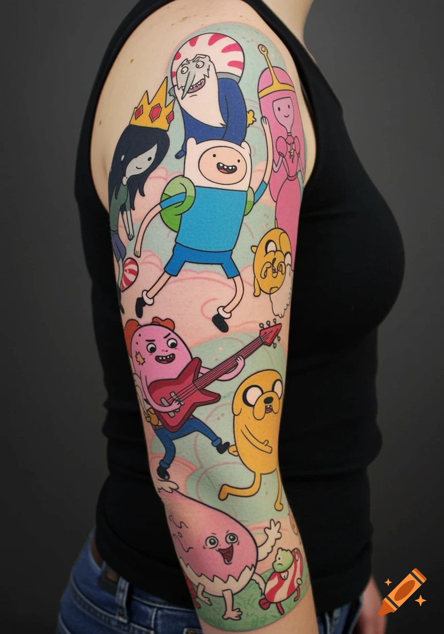 A colorful sleeve tattoo on an arm featuring Adventure Time characters like Finn, Jake, Marceline, and others.
