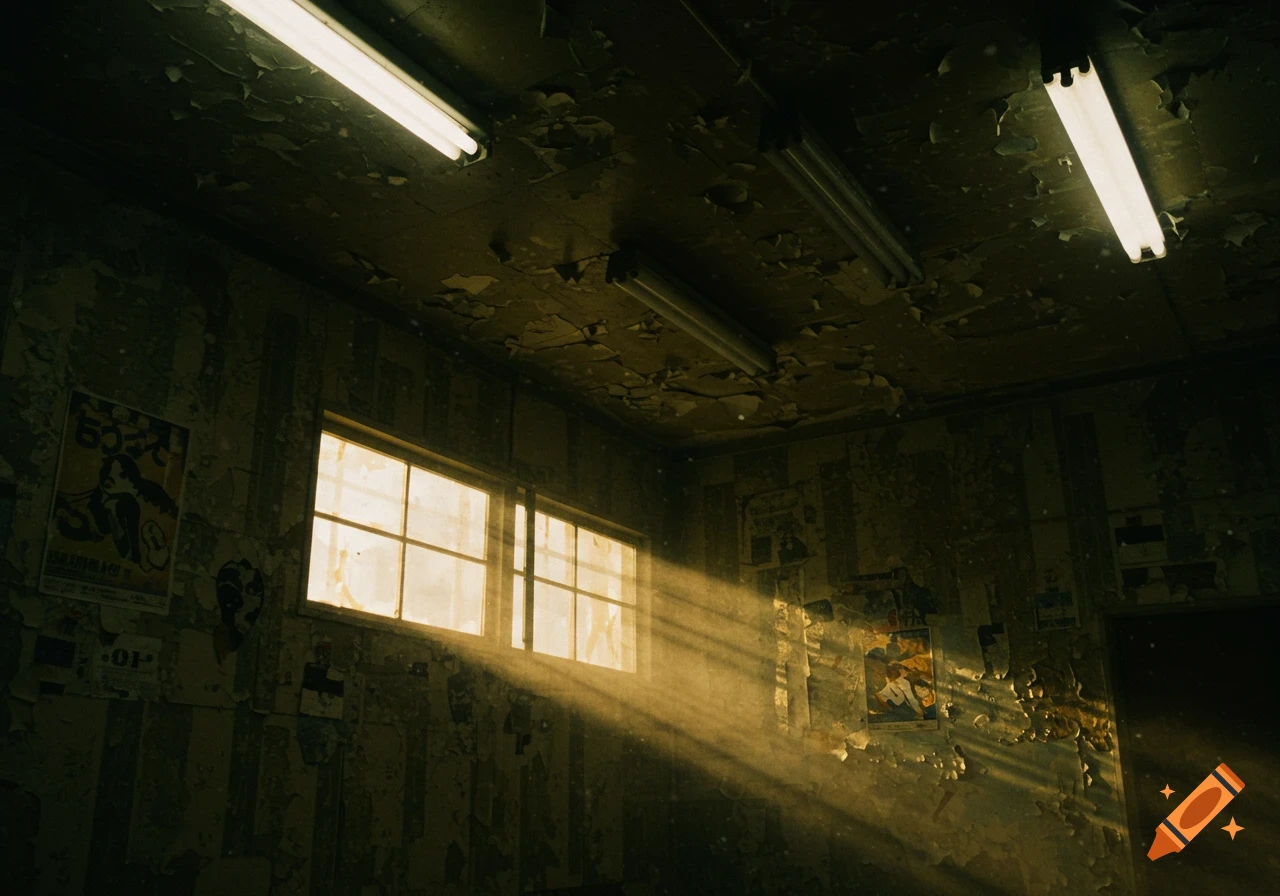 Sunlight streams into a dusty, dilapidated room interior with peeling walls and posters.