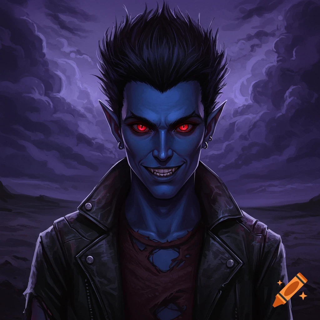 A blue-skinned character with red eyes, pointed ears, sharp teeth, and a leather jacket stands against a stormy sky.