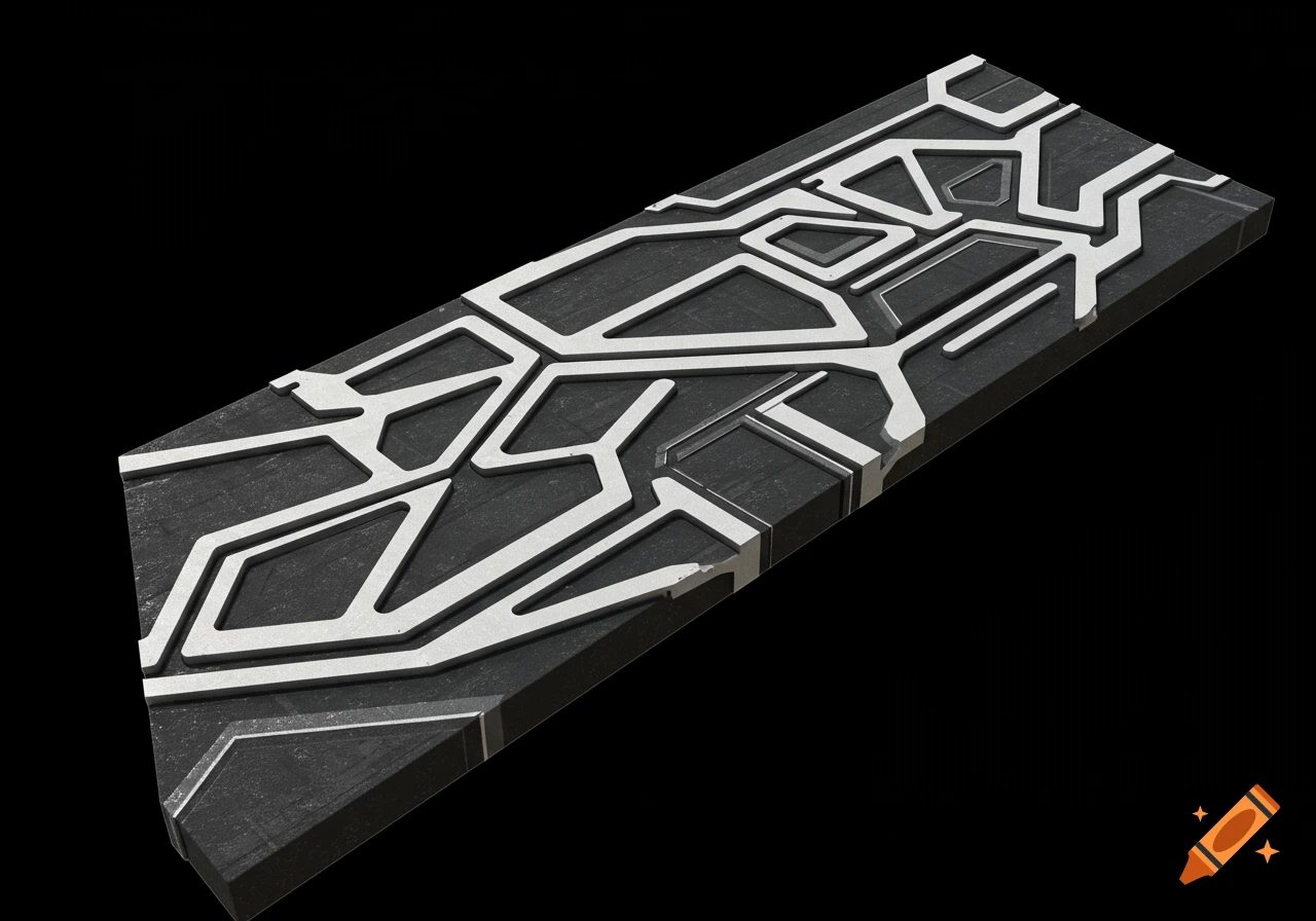 Black and white abstract geometric panel with raised silver lines on a black texture