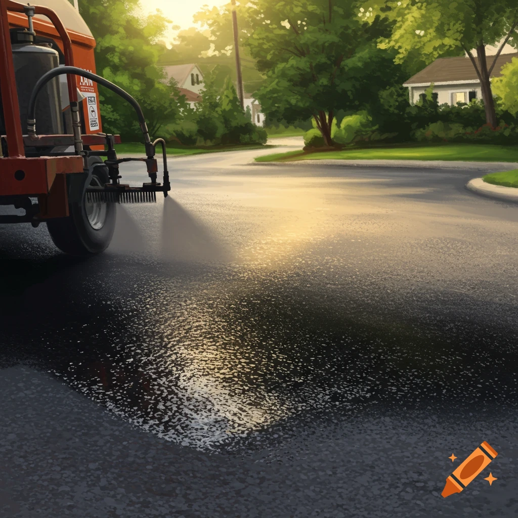 A vehicle applies seal coating to a sunlit road in a residential area.