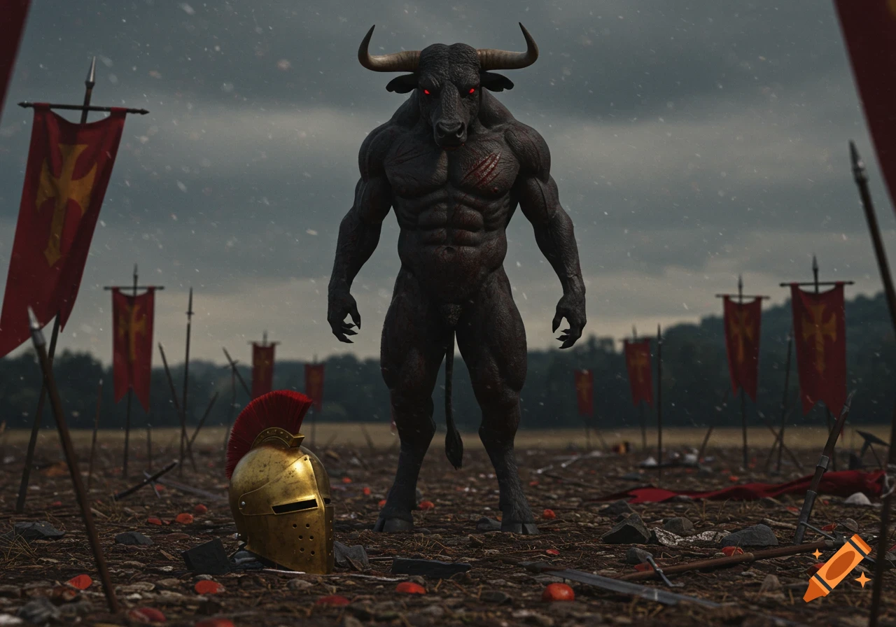 Muscular minotaur stands over a battlefield with red banners and a golden helmet.