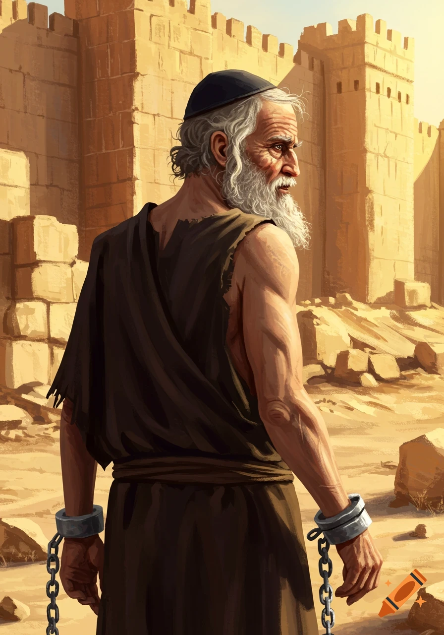 An ancient man with broken chains on his wrists stands with his back to the viewer, before ancient city walls.