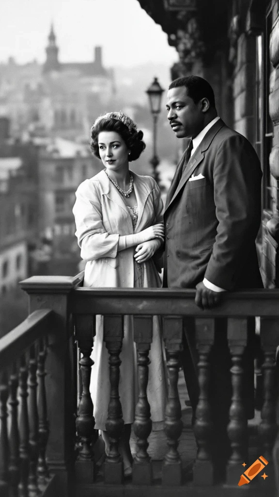 Black and white photo of a man and woman on a balcony overlooking a city.