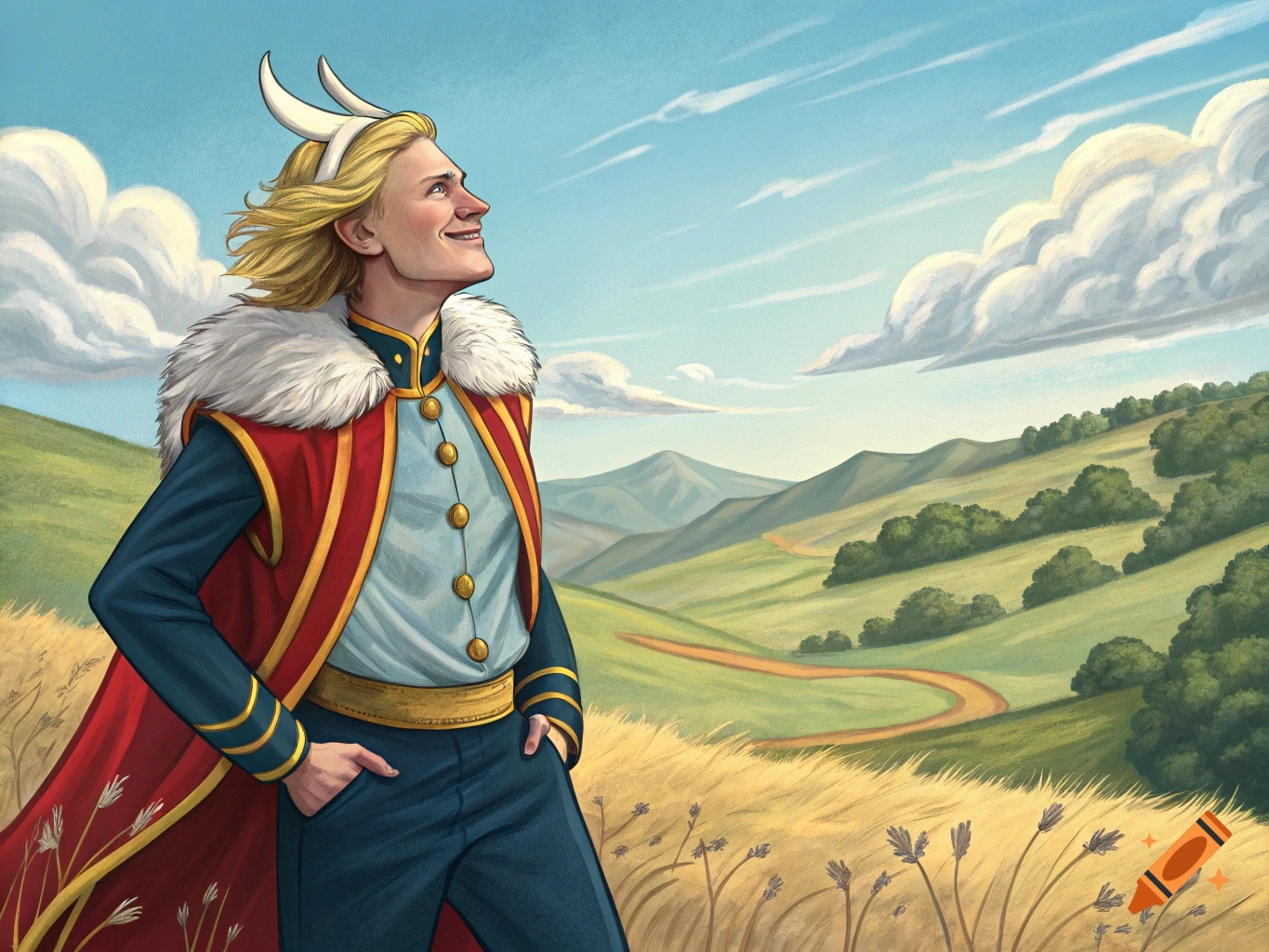 An illustrative painting of a man in a red cape and horns standing in a grassy landscape.