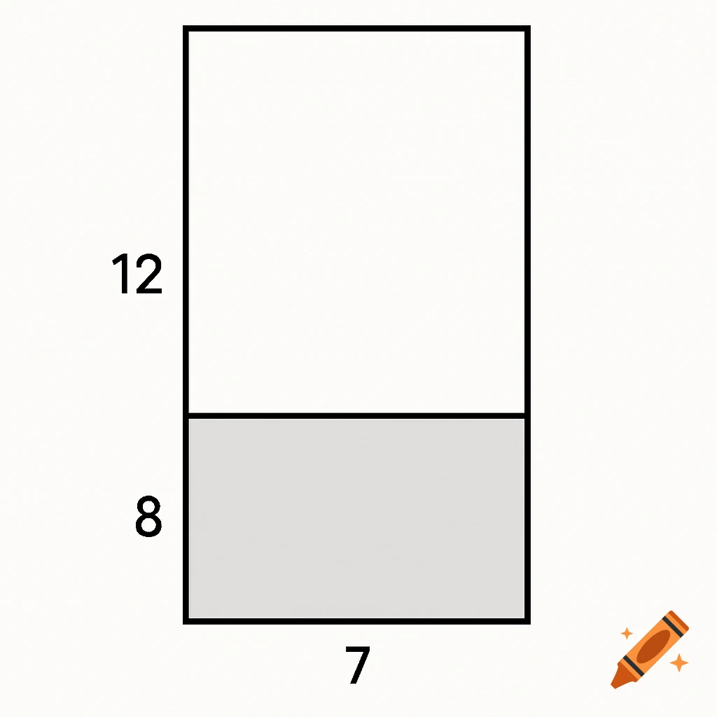 A diagram of a rectangle divided into two sections, labeled with heights 12 and 8, and width 7.