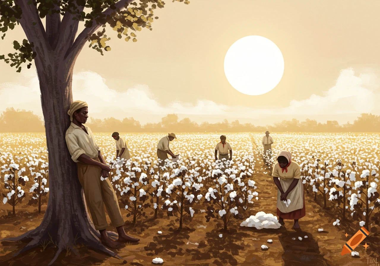 People working in a cotton field under a large sun