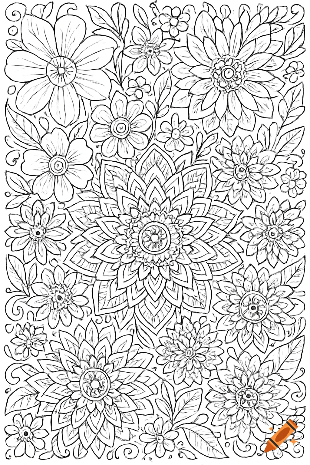 Detailed black and white line drawing of a floral coloring page with a central mandala flower
