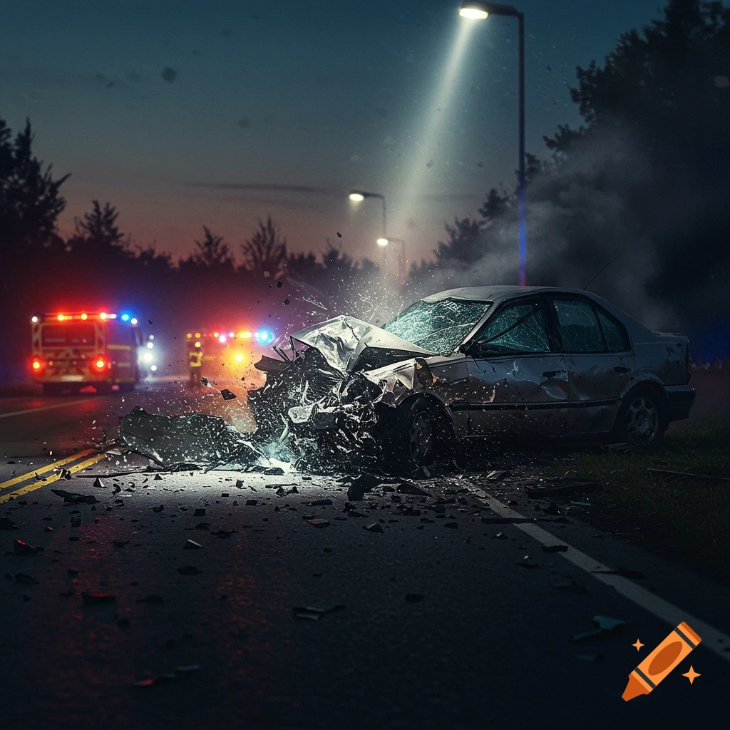 A severely damaged car on a road at night with emergency vehicles in the background.