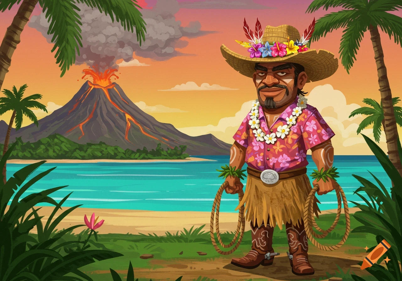 A cartoon Tiki Cowboy character wears a straw hat, floral shirt, lei, and grass skirt, holding lassos, standing on a beach with an erupting volcano.