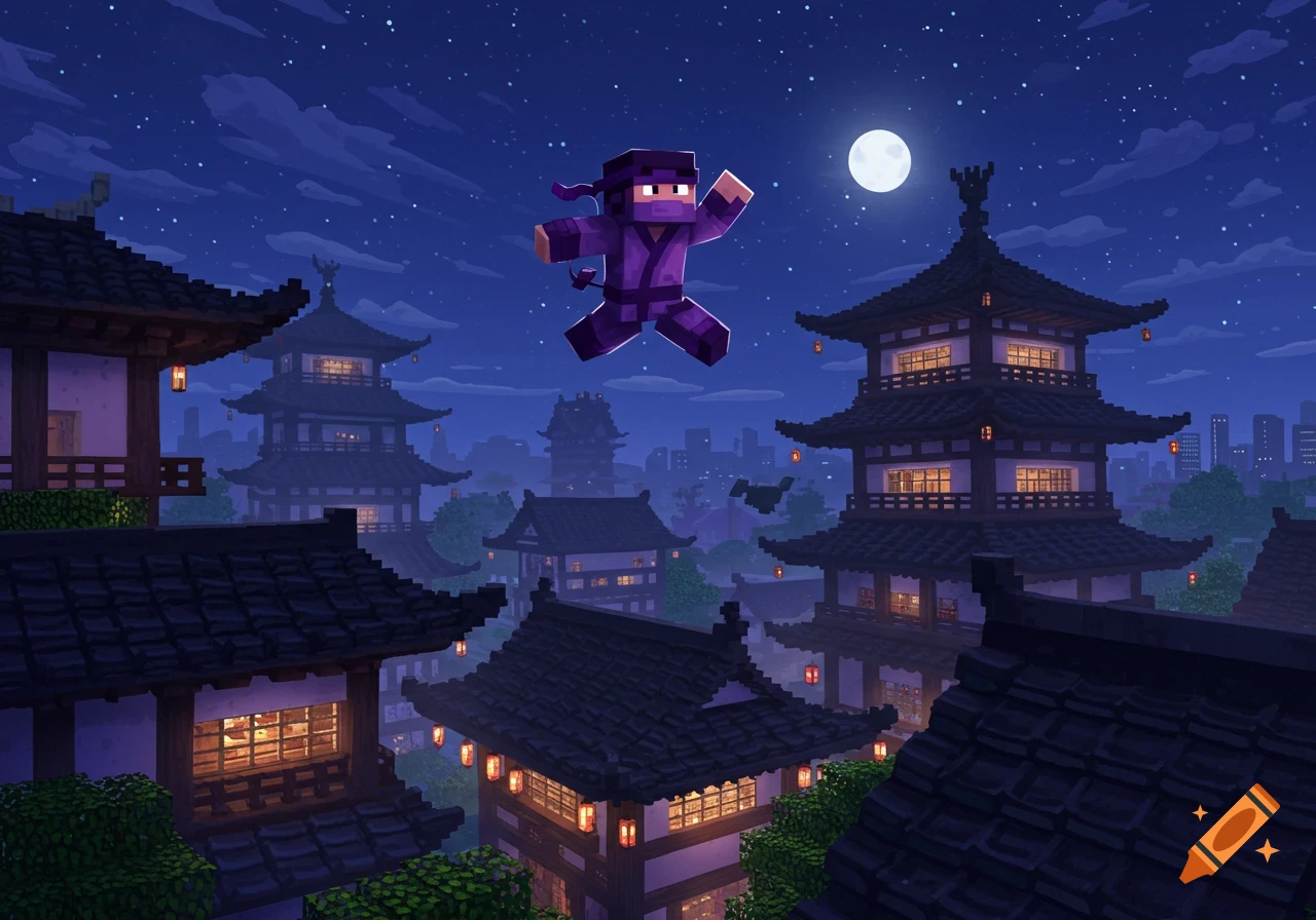 A blocky purple ninja jumps over Minecraft-style Japanese buildings at night under a full moon.