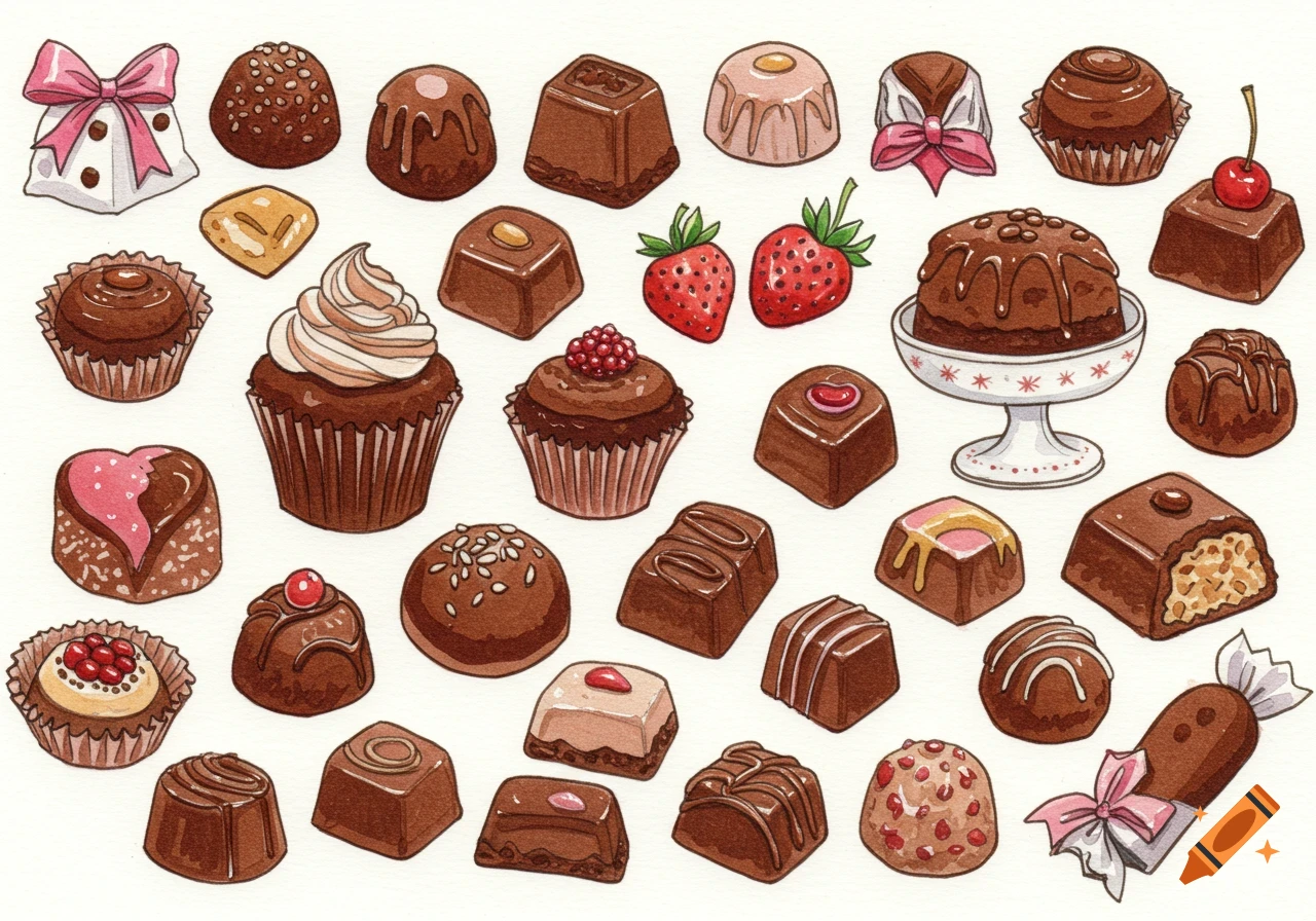Hand-drawn watercolor illustration of various chocolate desserts including truffles, bonbons, cupcakes, and candy on a white background.