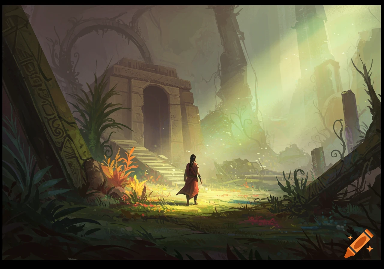 A figure approaches overgrown ancient ruins in a sunlit jungle.