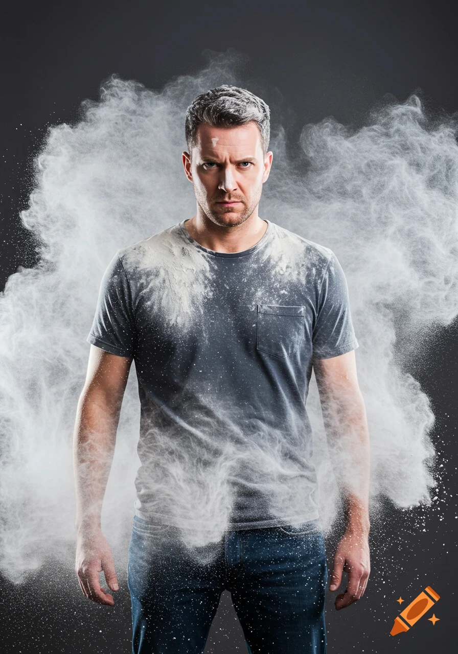A man stands covered in white powder against a dark background.