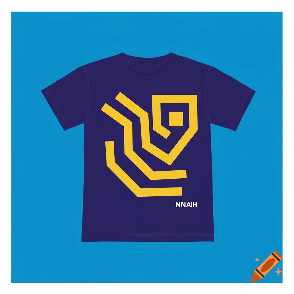 A purple t-shirt with a yellow geometric design and text.