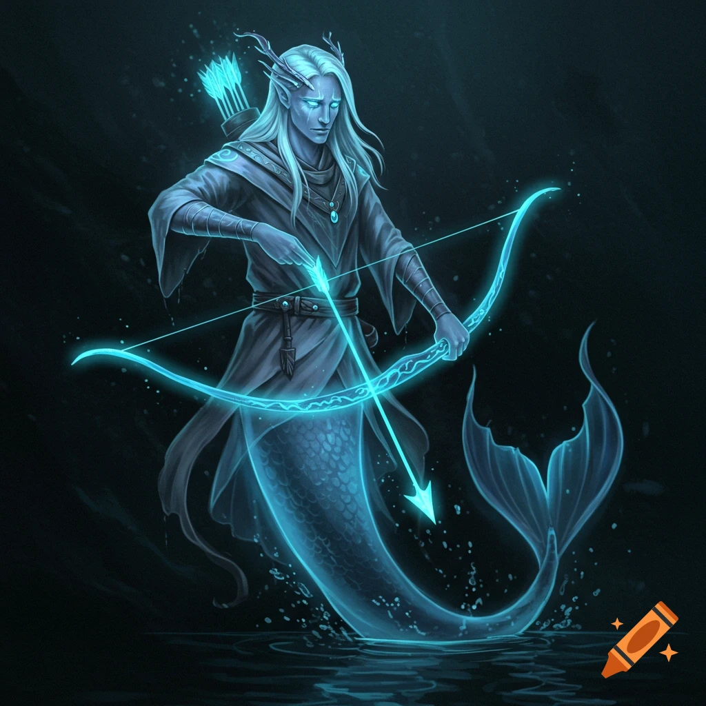 A merman ghost with a glowing blue bow and arrow