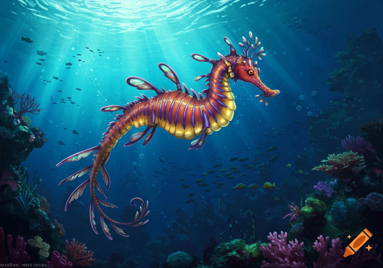 A colorful leafy sea dragon swims in a sunlit underwater scene with coral and fish.