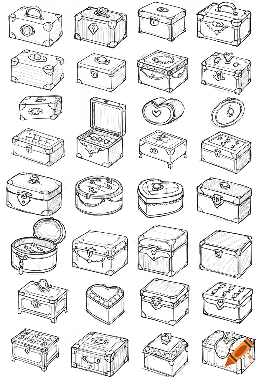 Black and white sketches of various jewellery boxes