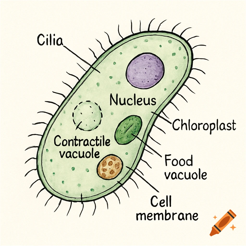 Watercolor diagram of a labeled protist showing nucleus, vacuoles, cilia, and other parts.