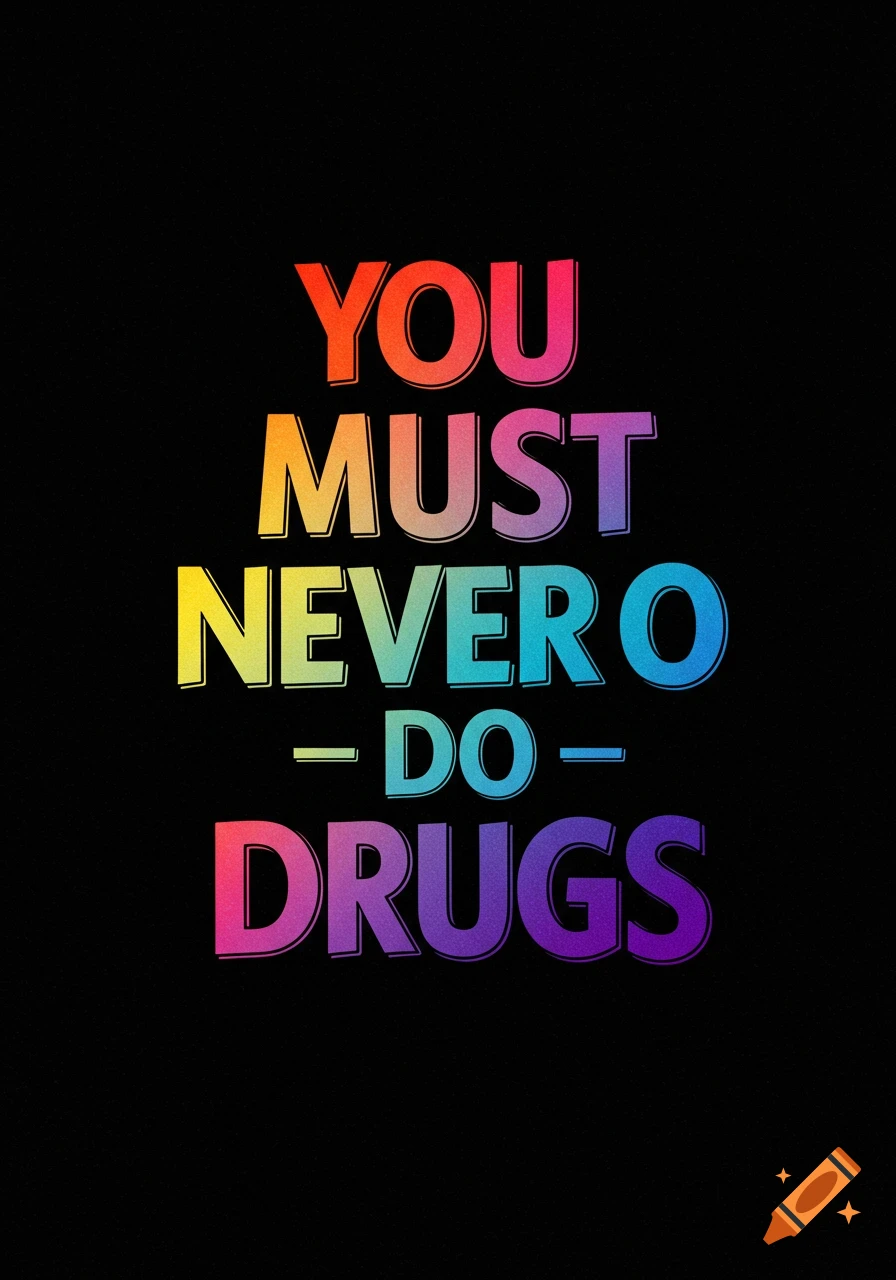 Rainbow text on a black background reads 'YOU MUST NEVER DO DRUGS'