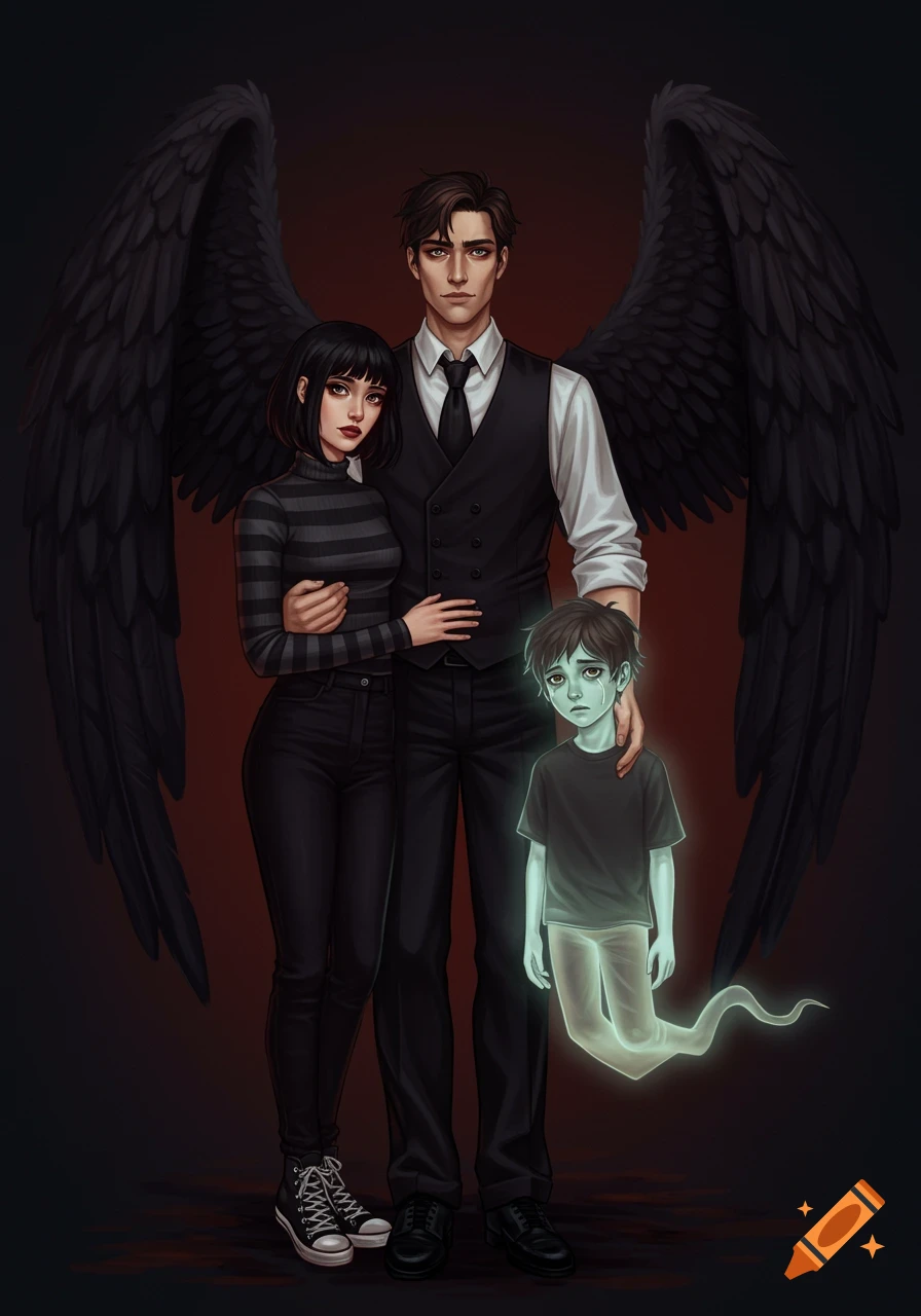 A man with black wings stands between a woman and a translucent boy.