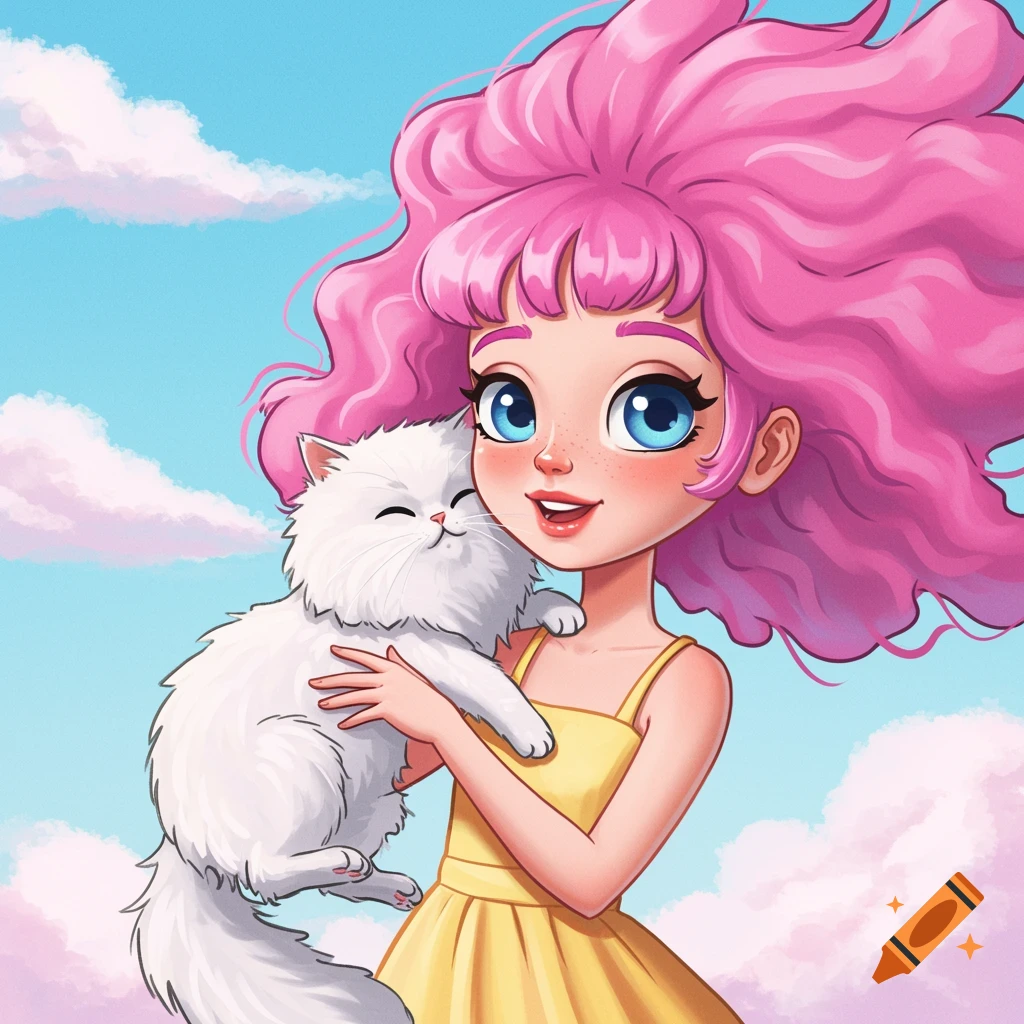 Cartoon girl with pink hair in yellow dress holds a fluffy white cat in a sky with clouds.