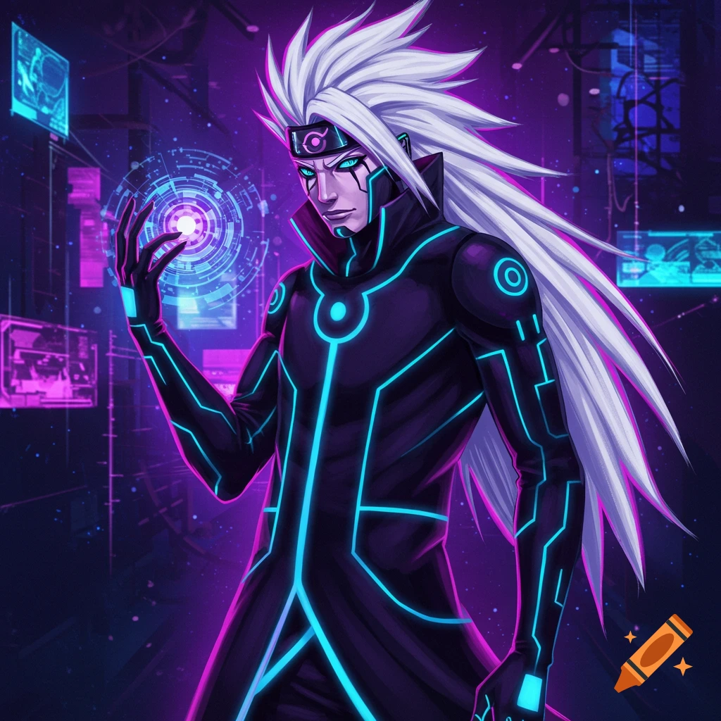 Anime character in techno suit holding energy sphere in futuristic setting.