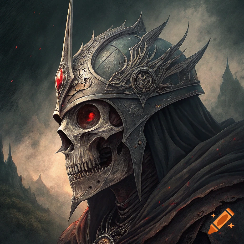 Profile view of a skull wearing a spiky, ornate fantasy helmet with glowing red eyes.