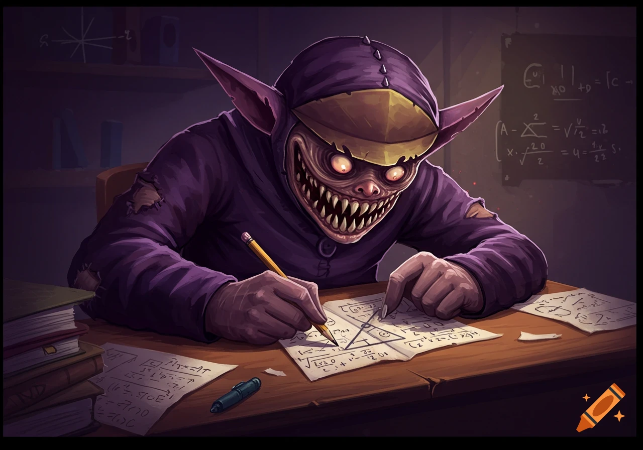 A creepy purple goblin-like creature with sharp teeth doing math at a desk.