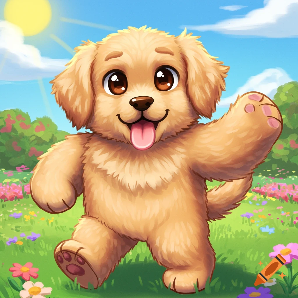 Cartoon golden retriever puppy waving in a sunny meadow with flowers