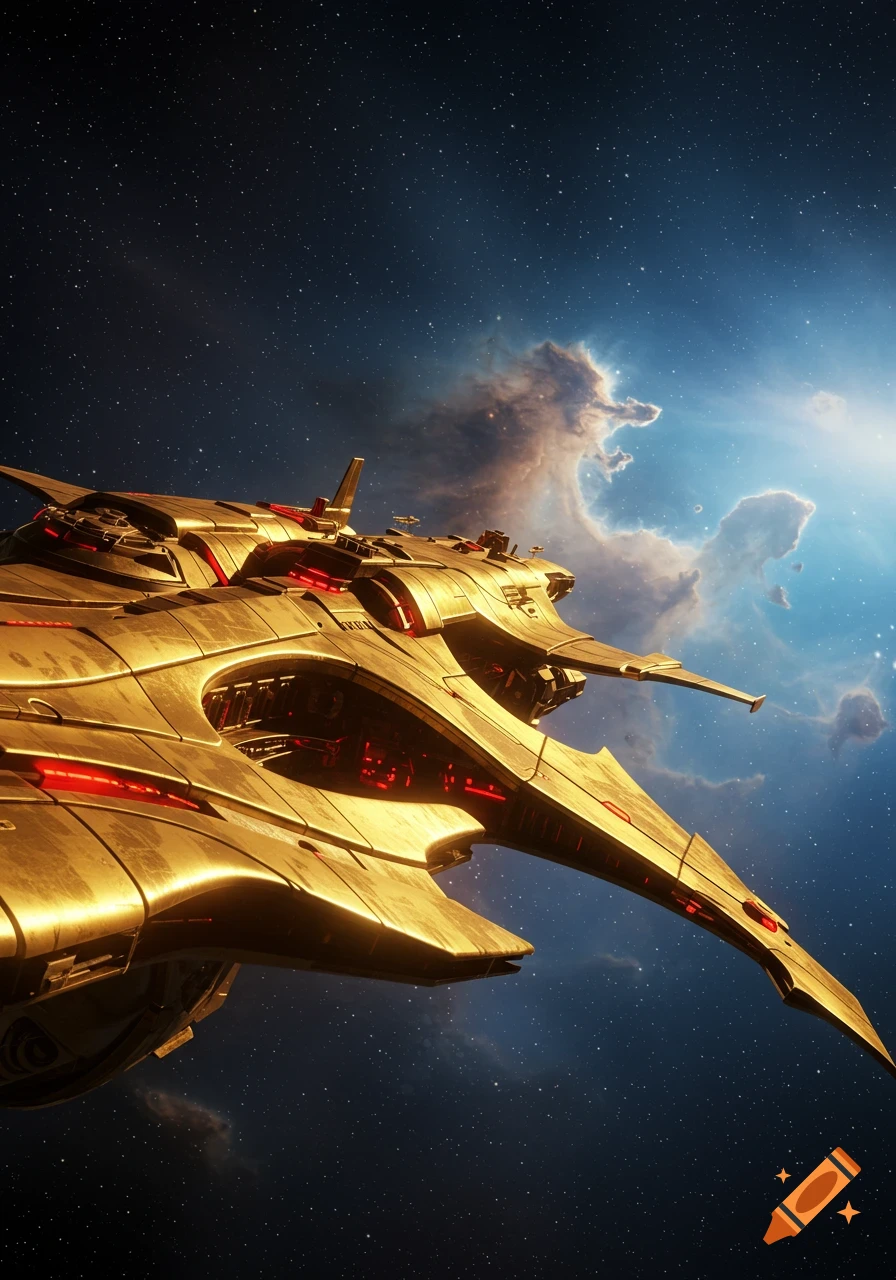 A golden spaceship with red lights flies through space with a nebula in the background.