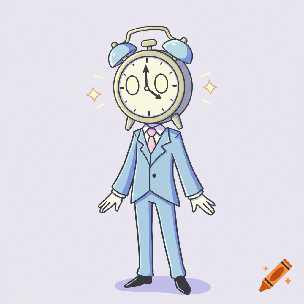 A cartoon character with a clock head wears a light blue suit and pink tie.
