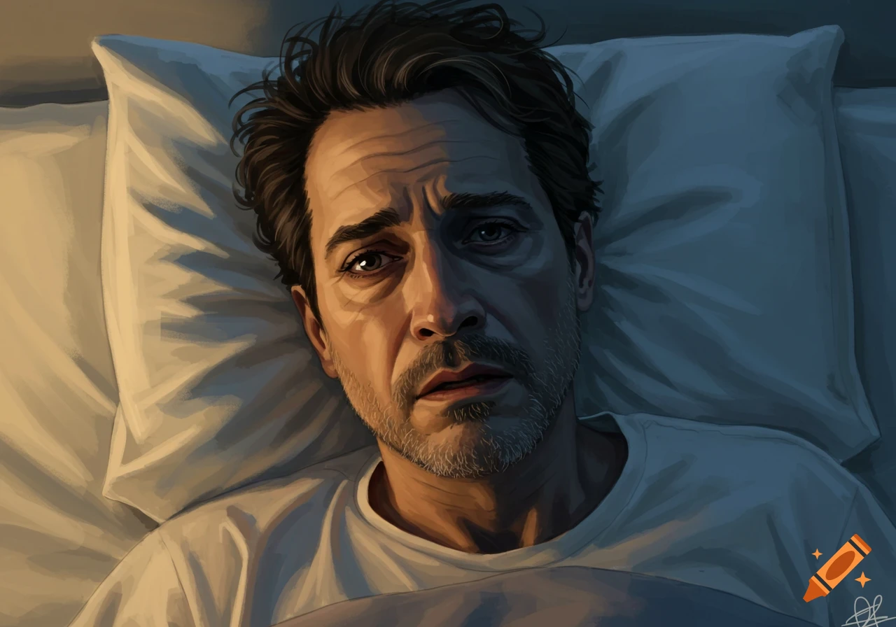 A close-up of a tired man lying in bed.