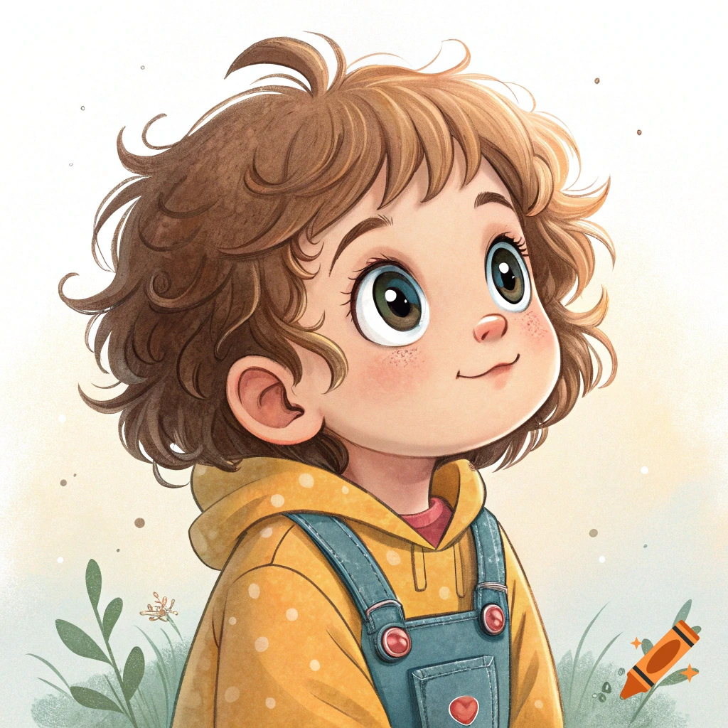 A cute cartoon illustration of a young child in overalls and a yellow hoodie looking upwards.